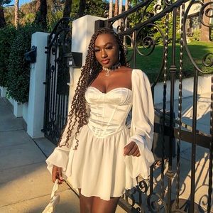 White Chiffon Corset Short Dress with Sleeves